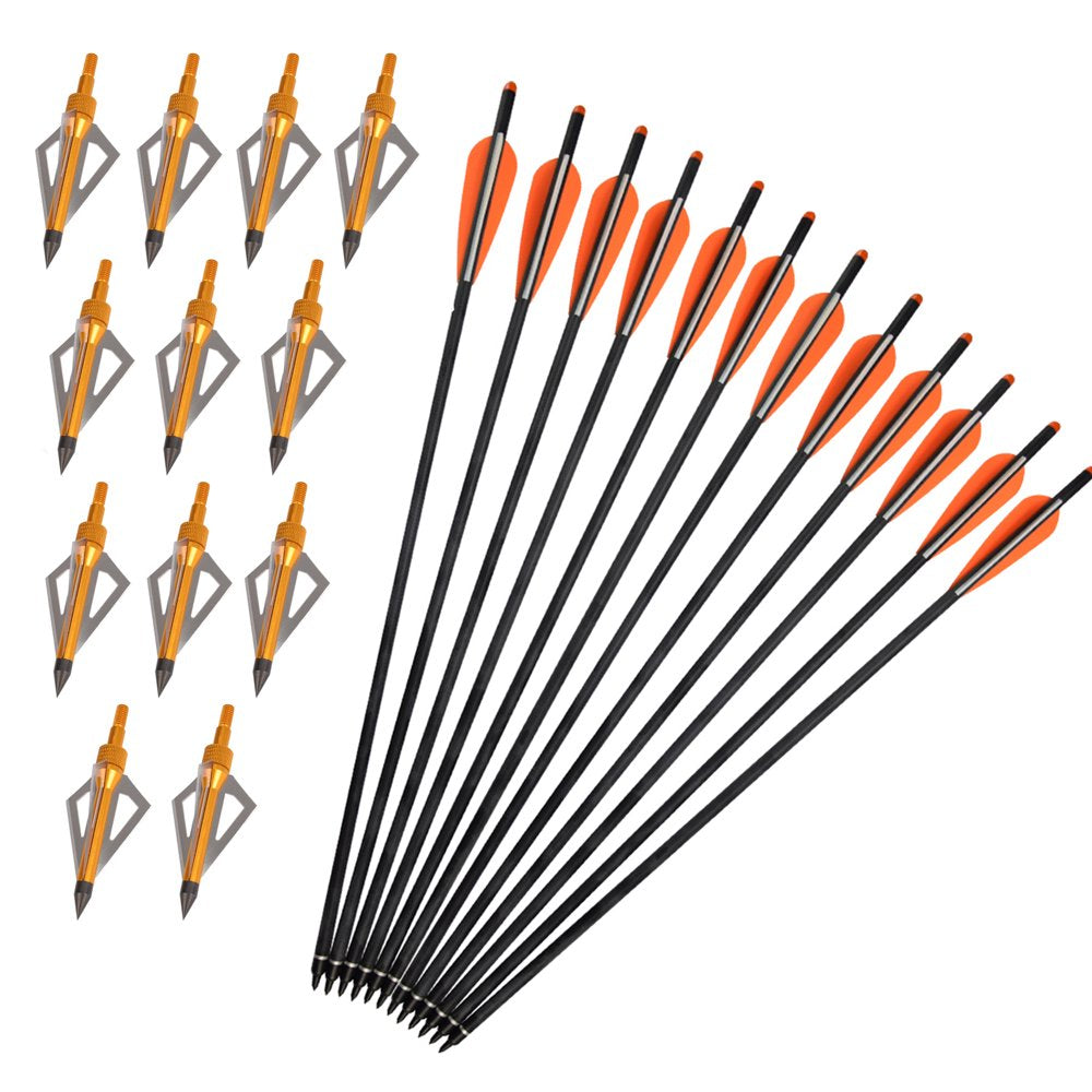 6X 16" Crossbow Bolts Carbon Arrows + 12X Broaheads 100 Grain Hunting Arrowhead for Archery Target Outdoor Hunting