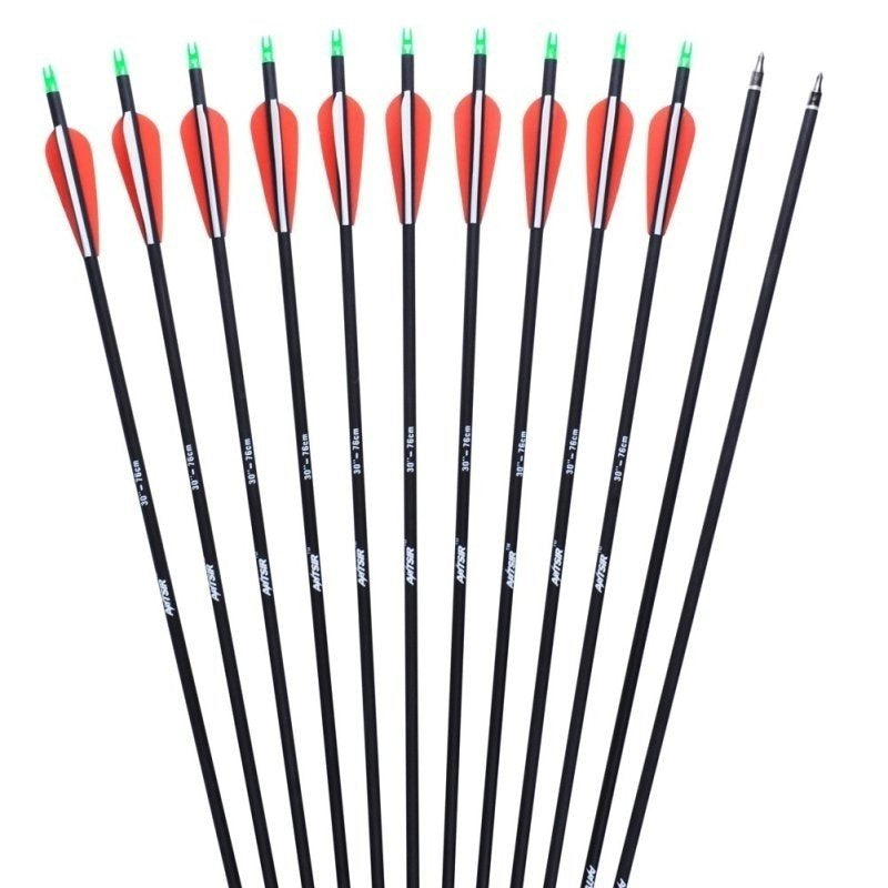 Archery Carbon Arrow 30" Shaft with Turkey Fletch and Field Point Replaceable Steel Tips for Recuve and Compound Bow 12PCS