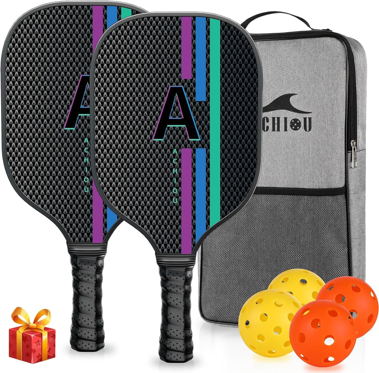 Achiou Pickleball Paddles Set of 2,Fiberglass Pickle Ball Rackets,Carry Bag,Gifts for Men Women,USAPA Approved,2 Outdoor Pickleball Balls & 2 Indoor Balls