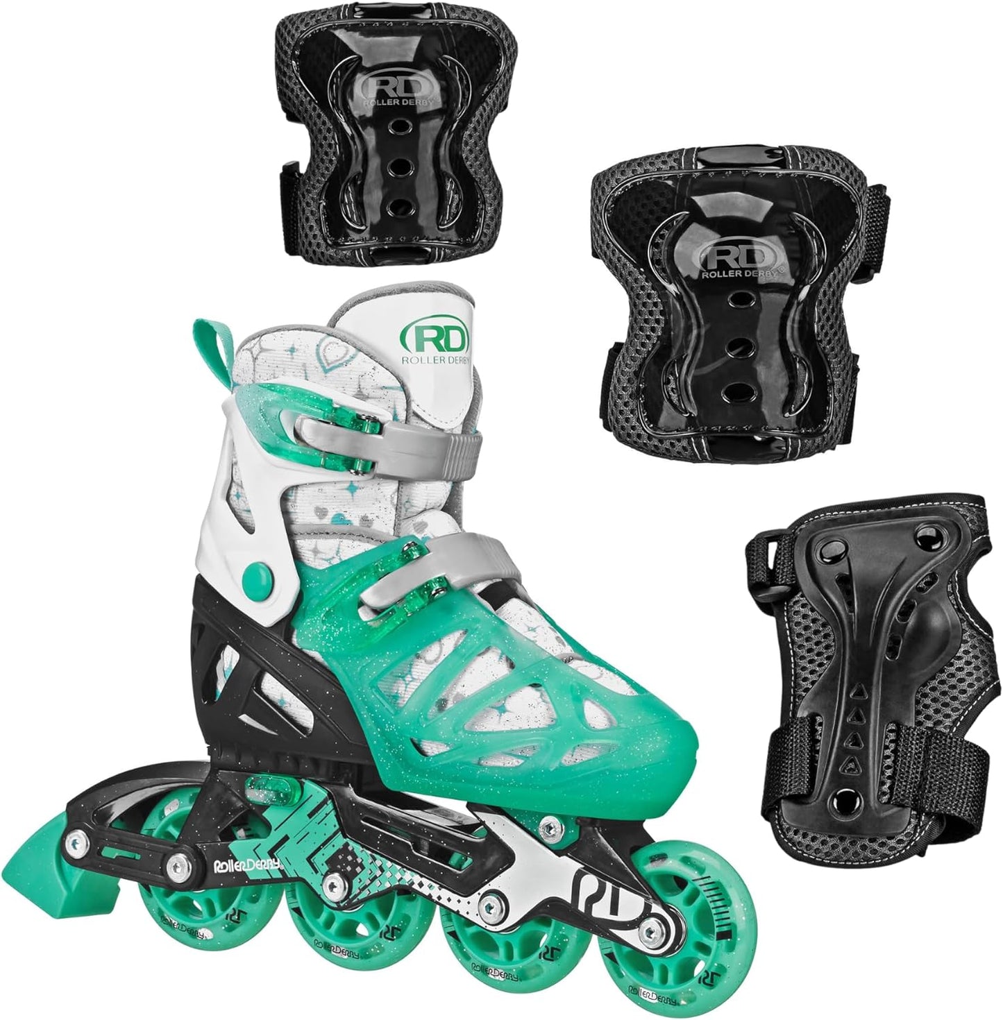 Roller Derby Tracer Girl’s Adjustable Inline Skates with Protective Gear, Adjustable Sizing, Tri-Pack Protective Gear Included