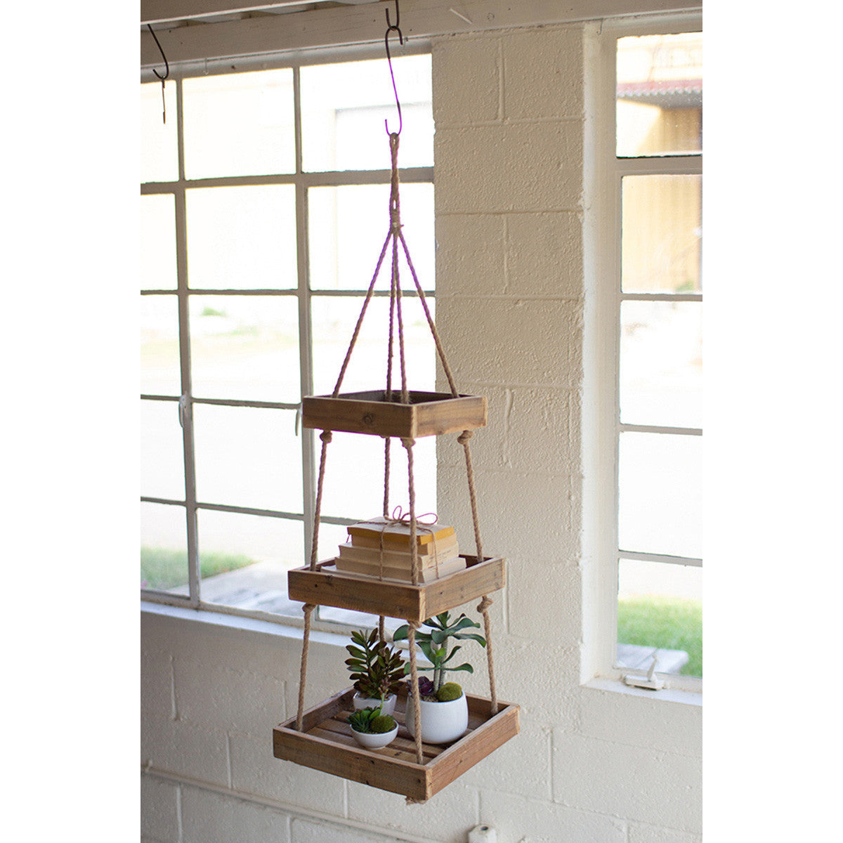 Hanging Three Tiered Square Recycled Wood Display with Jute Rope