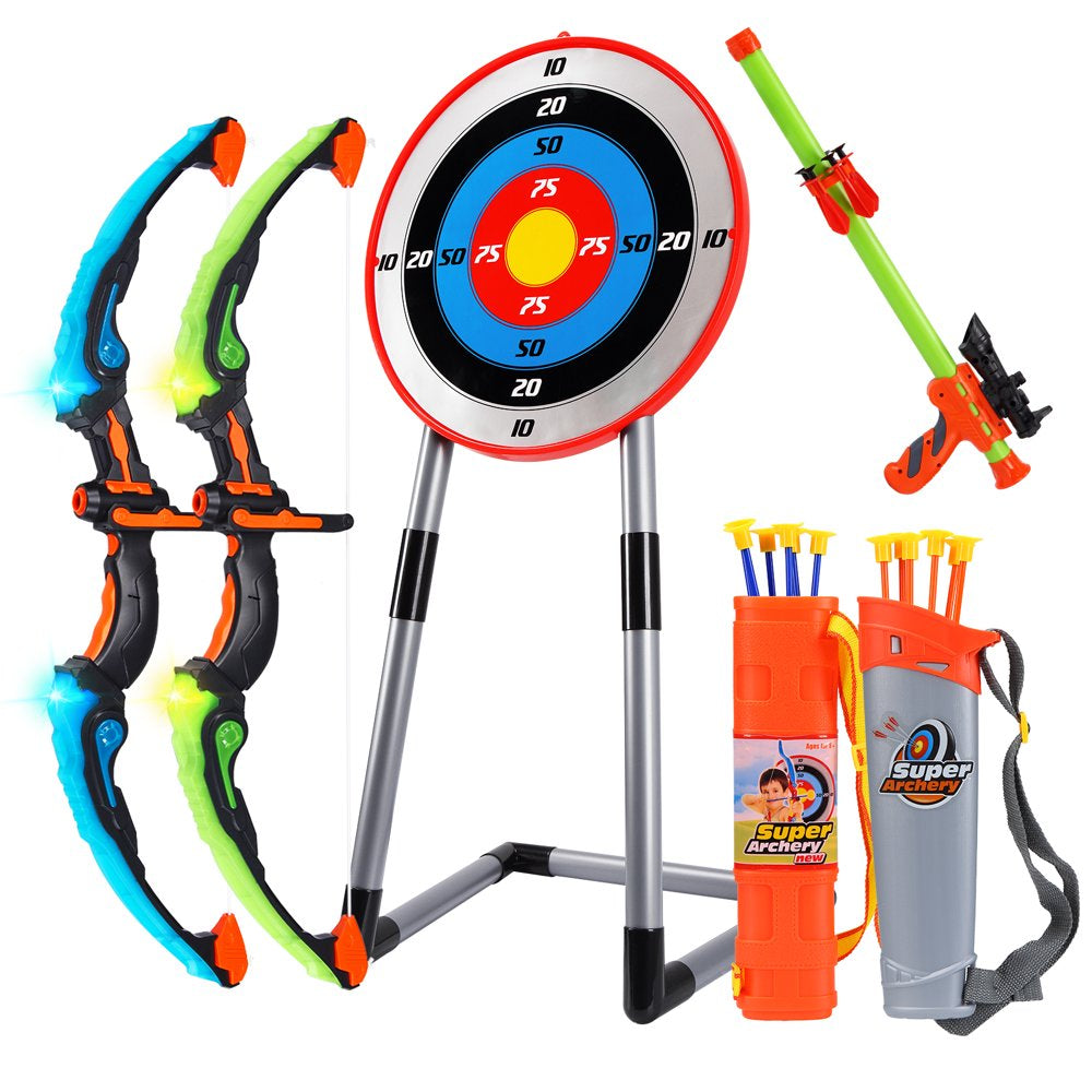2 Pack Bow and Arrow for Kids Toys -2 Bows & 1 Blowing Bow & 12 Arrows & 5 Quivers & Standing Target and Outdoor Toys for Boys and Girls