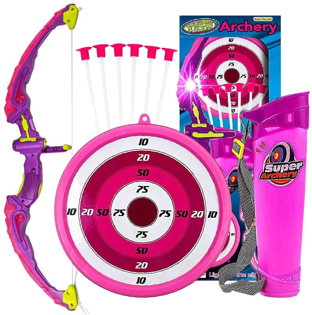 Toysery Dark Pink Bow and Archery for Kids with LED Flash Lights - Bow and Arrow for Kids with Suction Cups Arrows, Target, and Quiver - Pink Bow and Arrow for Girls