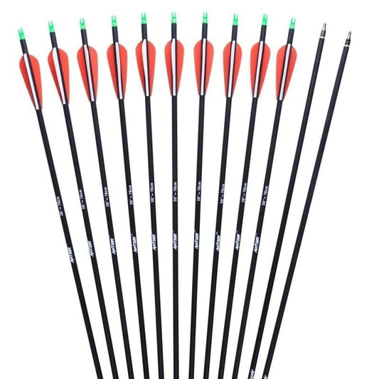 Archery Carbon Arrow 30" Shaft with Turkey Fletch and Field Point Replaceable Steel Tips for Recuve and Compound Bow 12PCS