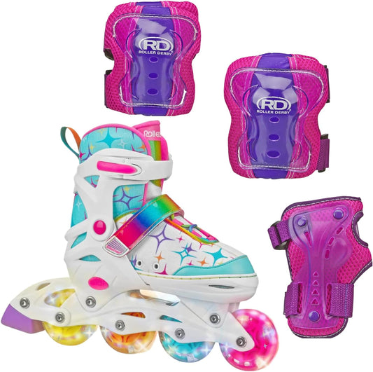 Roller Derby Stryde Youth Adjustable Inline Lighted Wheel Skates with Protective Gear, Adjustable Sizing, Tri-Pack Protective Gear Included
