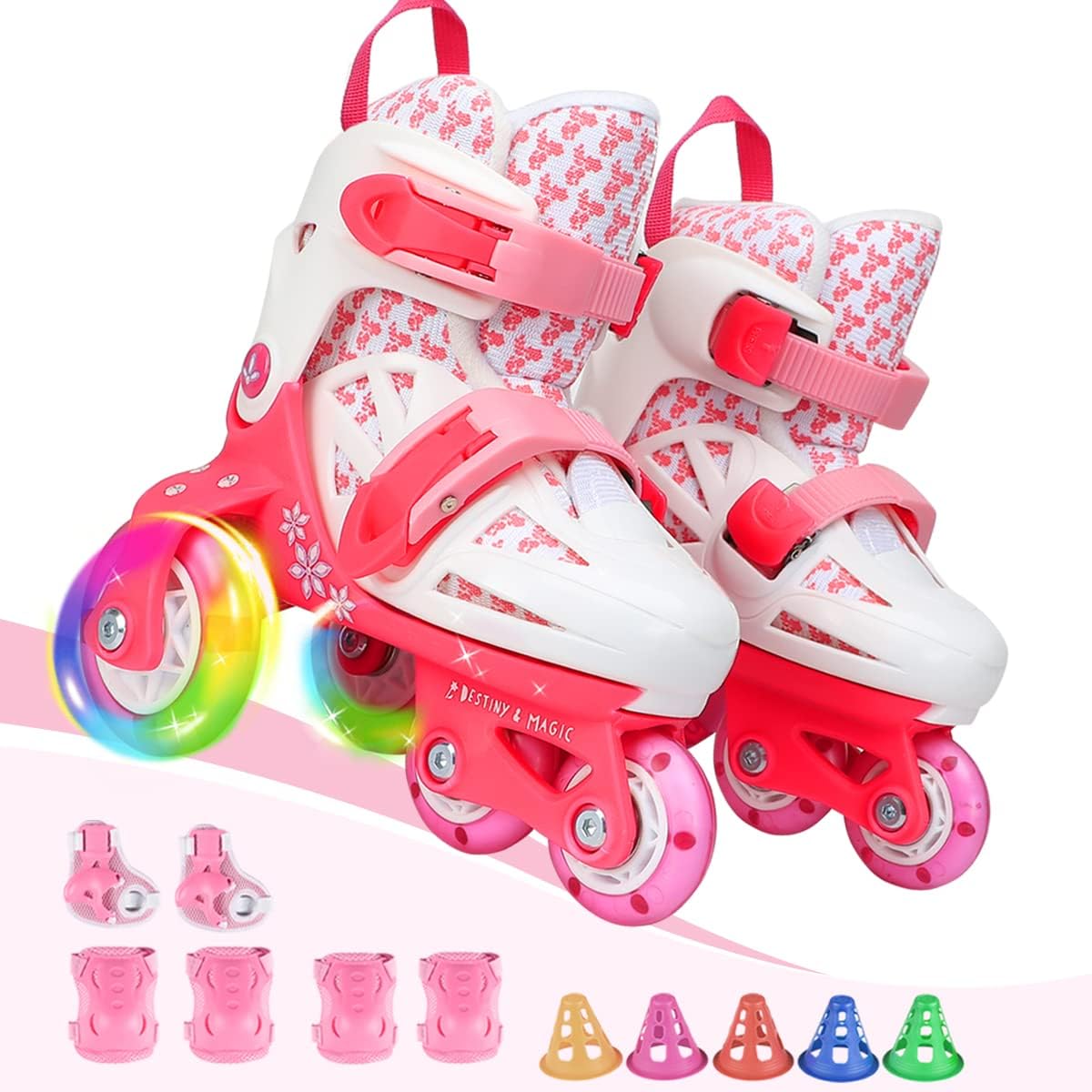 Kids Quad Roller Skate,Roller Skates for Girls Boys,with Adjustable Size&Double Brakes&Luminous Wheels&Protective Gear,3-Point Balance Roller Shoes for Beginners