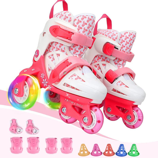 Kids Quad Roller Skate,Roller Skates for Girls Boys,with Adjustable Size&Double Brakes&Luminous Wheels&Protective Gear,3-Point Balance Roller Shoes for Beginners