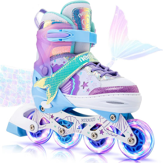 Mermaid 4 Size Adjustable Light up Inline Skates for Girls, Purple Blue Blades Roller for Kids, Indoor Beginner Inliner Outdoor