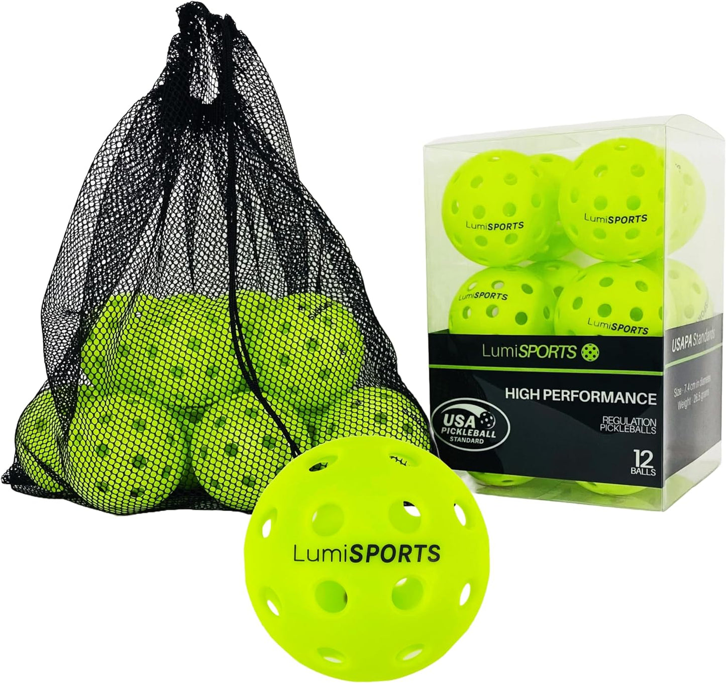 12-Pack Premium Pickleball Balls | 40 Holes Outdoor Fluorescent Green Balls | Convenient Drawstring Mesh Bag | USAPA Standard Size and Weight