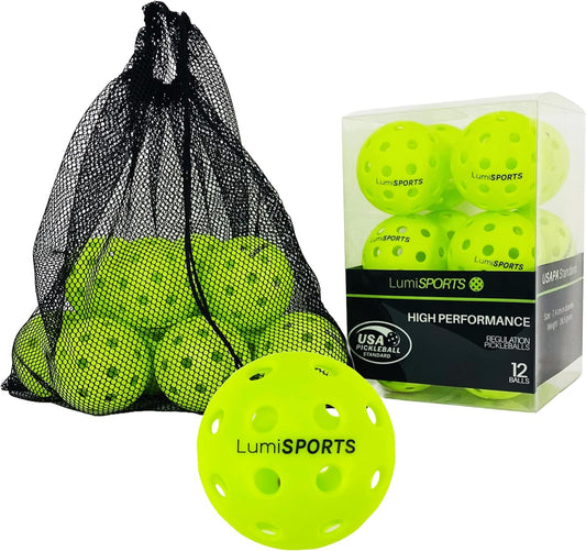 12-Pack Premium Pickleball Balls | 40 Holes Outdoor Fluorescent Green Balls | Convenient Drawstring Mesh Bag | USAPA Standard Size and Weight