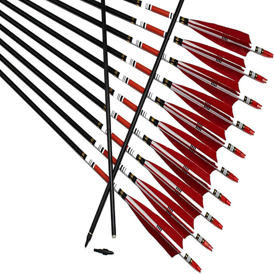 12 PCS Archery Carbon Arrows Turkey Feather Fletched Arrows 31 Inches Carbon Arrows Replacement Tips Targeting Arrows Archery for Recurve Bow Traditional Bow Hunting&Practice