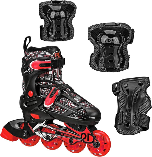 Roller Derby Falcon 2-in-1 Combo Quad and Inline Skates for Kids, Adjustable Sizing, Tri-Pack Protective Gear Included