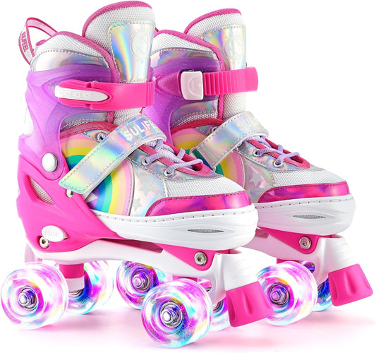 SULIFEEL Rainbow Unicorn 4 Size Adjustable Light up Roller Skates for Girls Boys for Kids