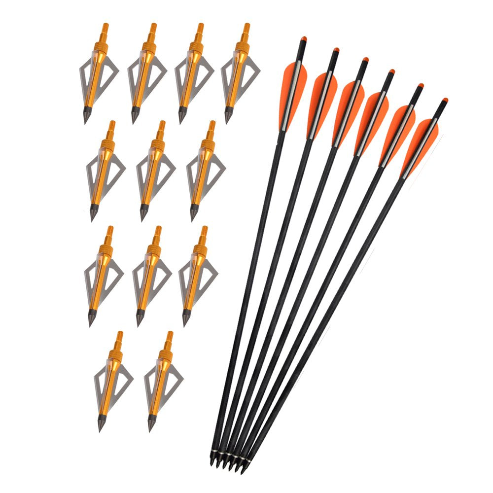 6X 16" Crossbow Bolts Carbon Arrows + 12X Broaheads 100 Grain Hunting Arrowhead for Archery Target Outdoor Hunting